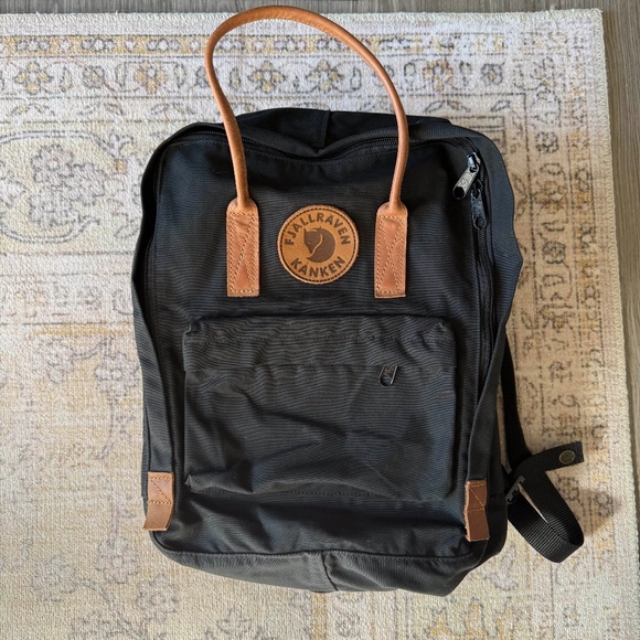Fjällräven Kånken Backpack – Black with Brown Leather Straps - Picture 1 of 8